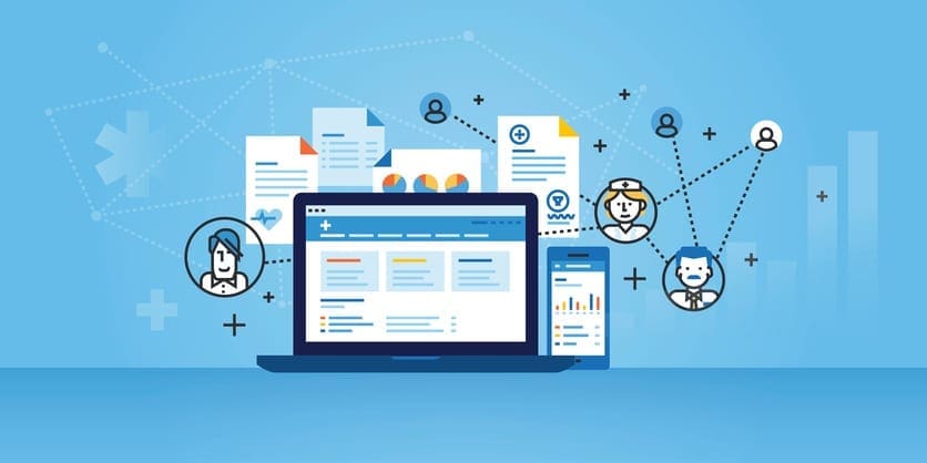 Flat line design website banner of health plan management solutions
